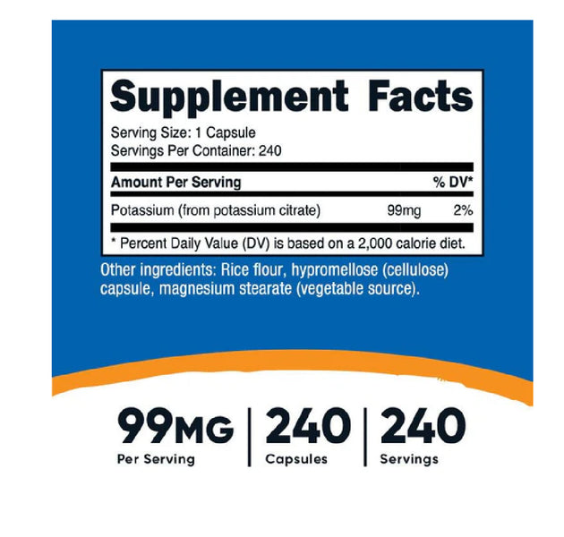 Potassium Citrate 99mg, 240 Capsulas Nutricost