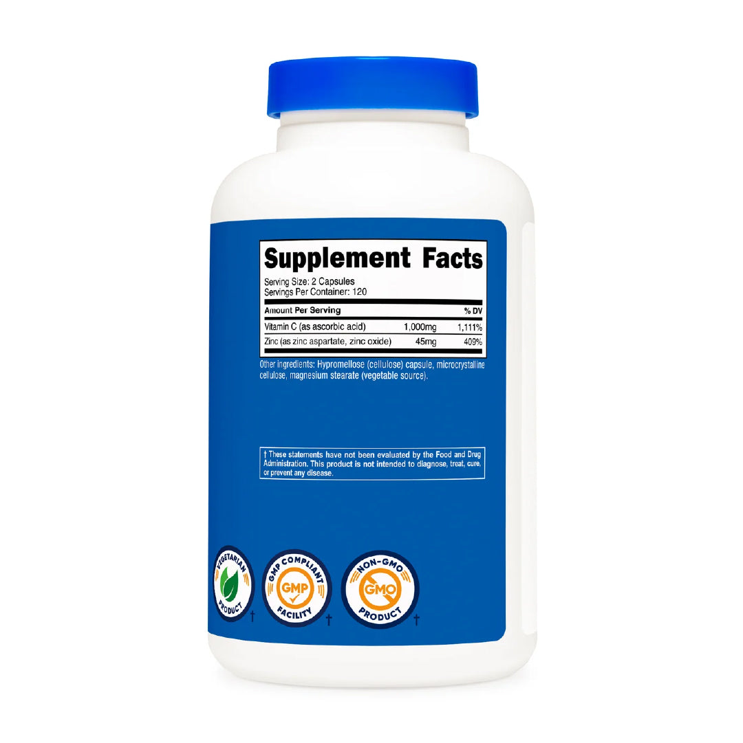 Vitamina C + Zinc - 120 Cápsulas de Nutricost.