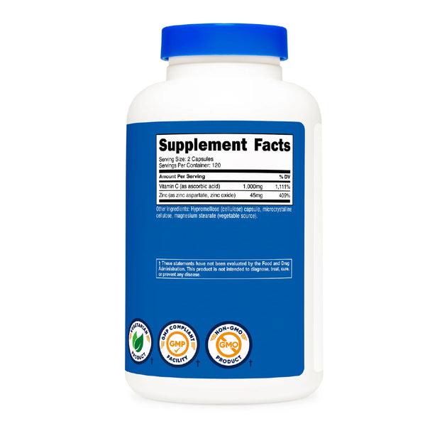 Vitamina C + Zinc - 120 Cápsulas de Nutricost.