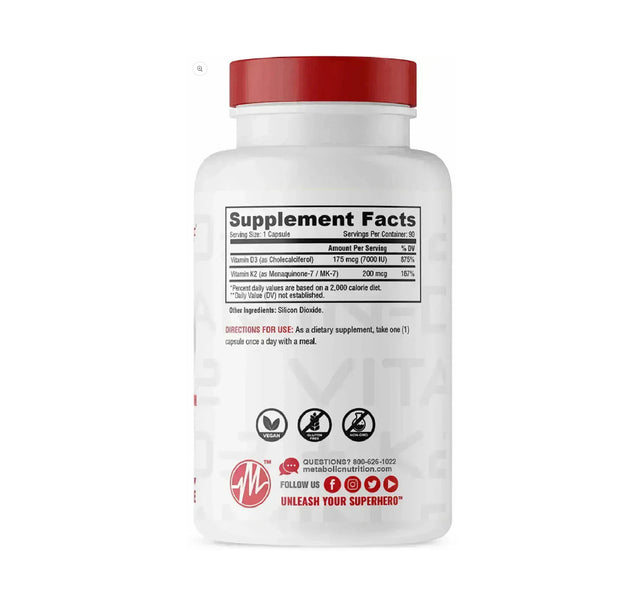 Vitamina D3 +K2 90 Capsulas Metabolic Nutrition