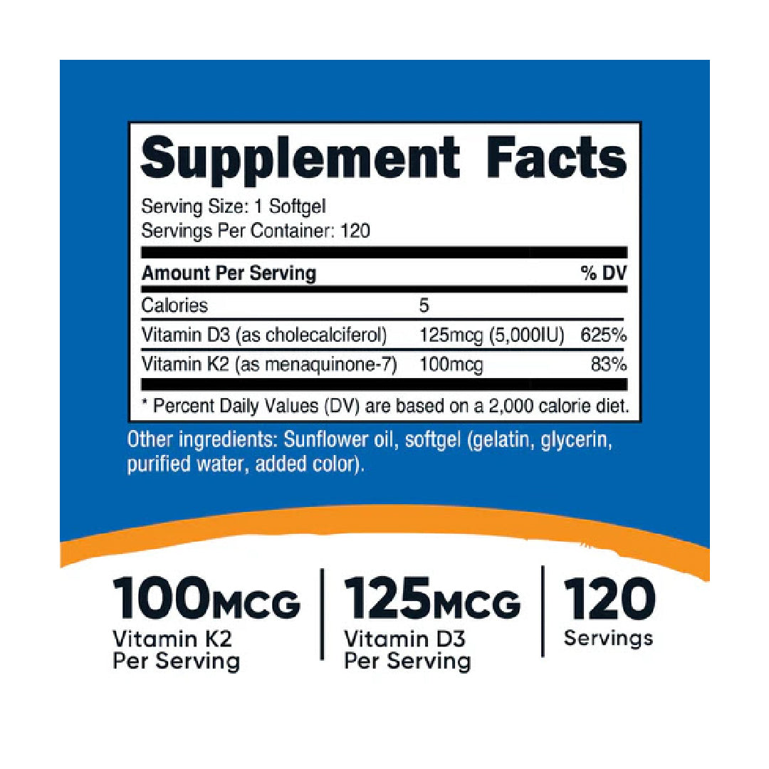 Vitamina K2 y vitamina D3, 120 cápsulas Nutricost