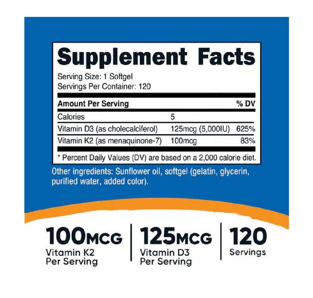 Vitamina K2 y vitamina D3, 120 cápsulas Nutricost