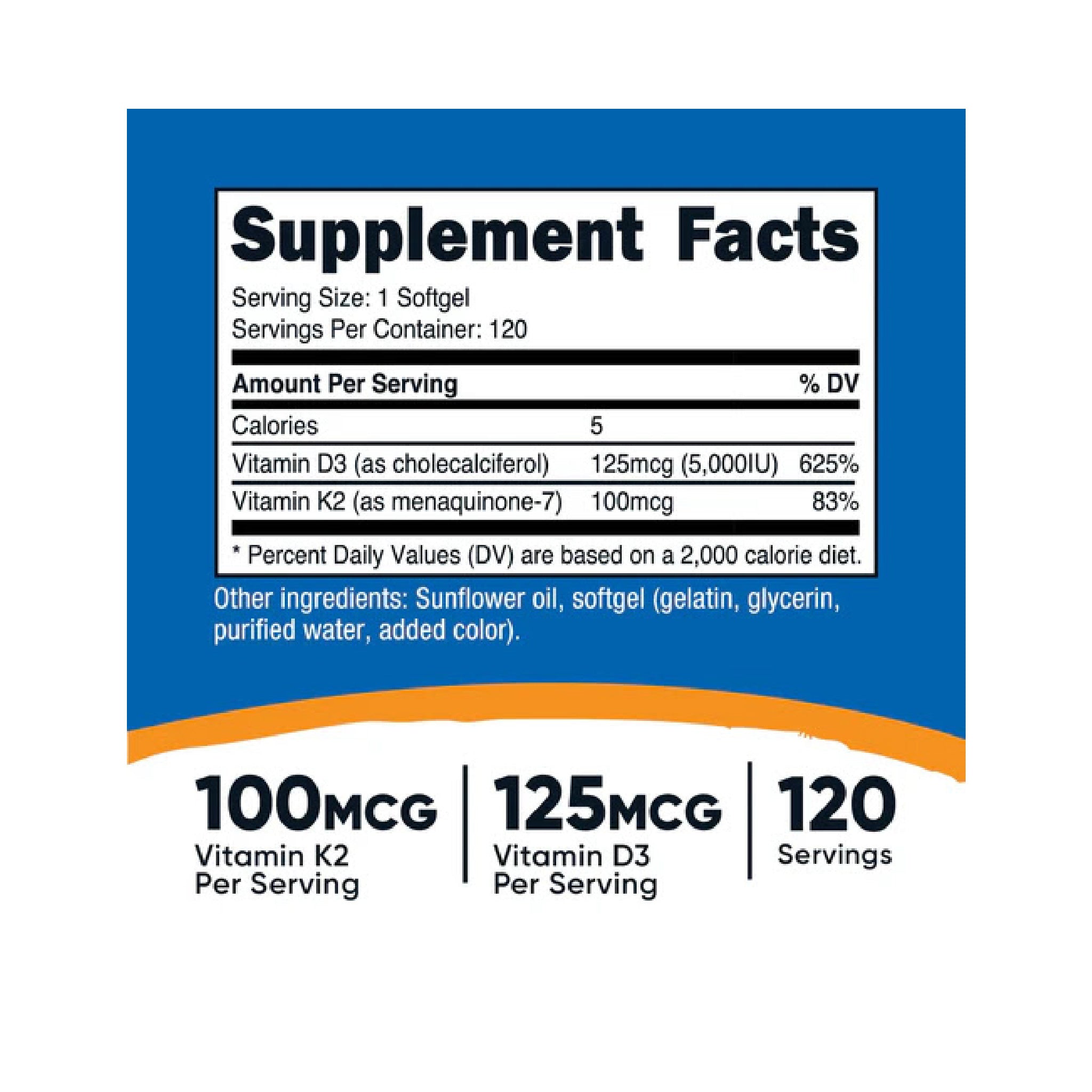 Vitamina K2 y vitamina D3, 120 cápsulas Nutricost