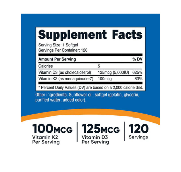 Vitamina K2 y vitamina D3, 120 cápsulas Nutricost
